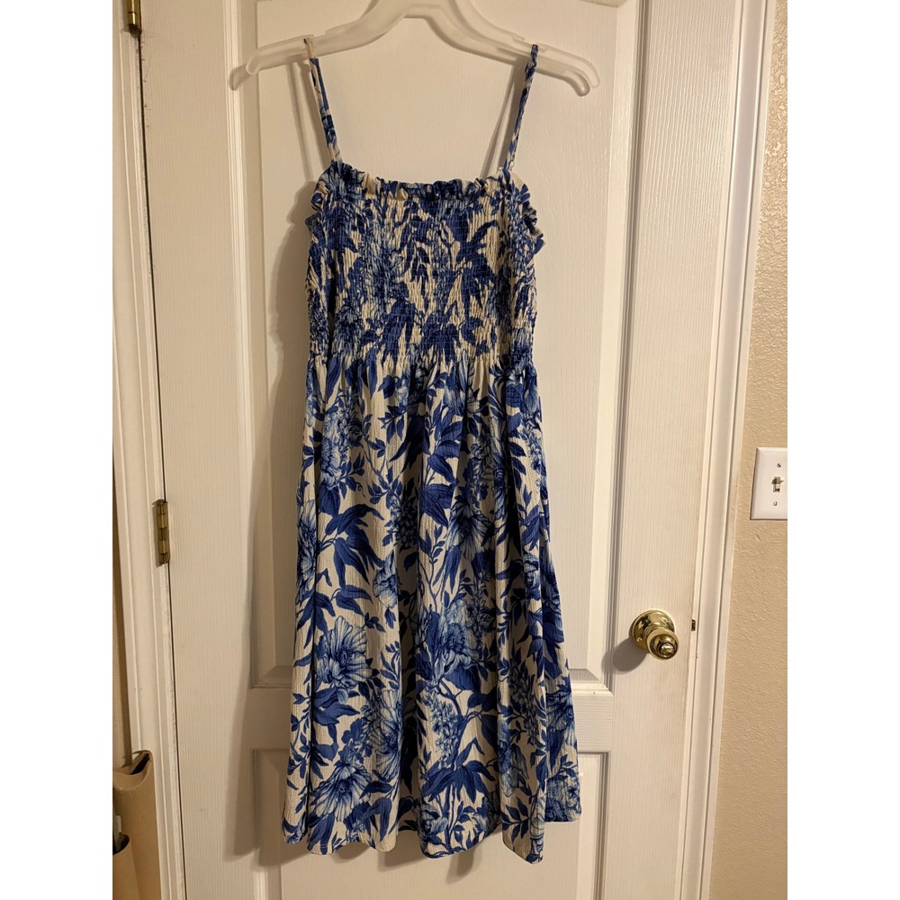 HM Blue White Floral Smocked Midi Dress Adjustable Straps Sleeveless Womens Sm‎